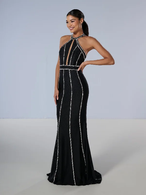 Quick Sale Beaded Jersey Fitted Halter Gown by Tiffany Designs 16200