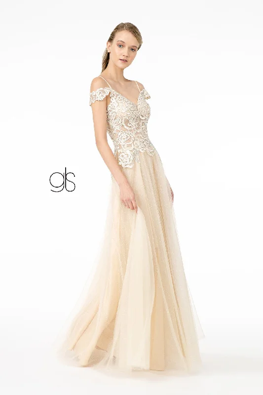The Best Prices Embroidered Long Sheer Cold Shoulder Dress by Elizabeth K GL2953