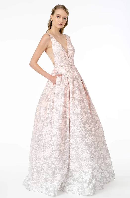 Markdowns Elizabeth K - GL2897 Plunging Jeweled Waist Jacquard Gown