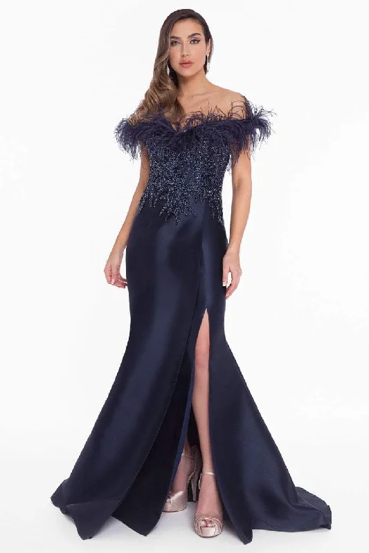 Referral Discount Terani Couture - 1821E7142 Feather Accent Off Shoulder Mermaid Dress