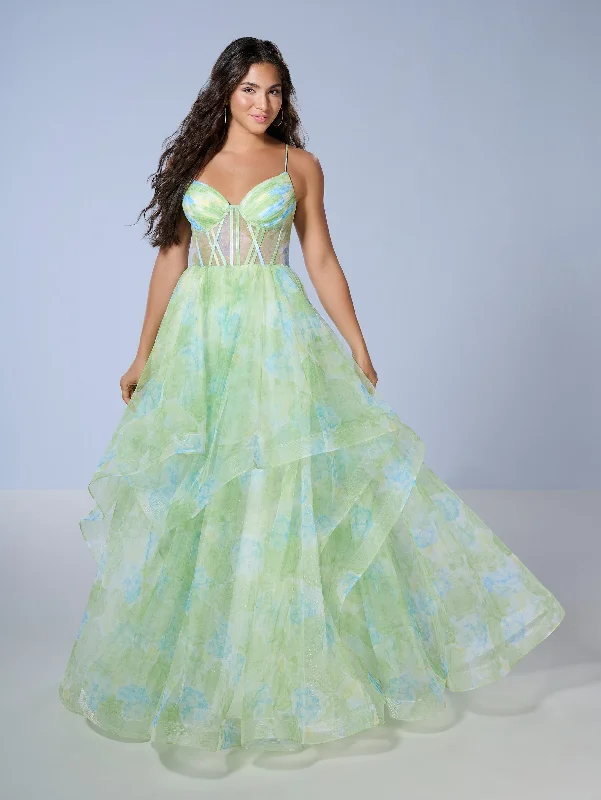 Exclusive Savings Floral Print Layered Gown by Tiffany Designs 16163