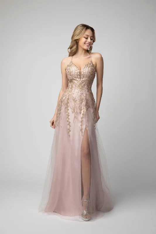 Sale Event Embroidered Lace-Up Back A-line Slit Gown by Juno 0936