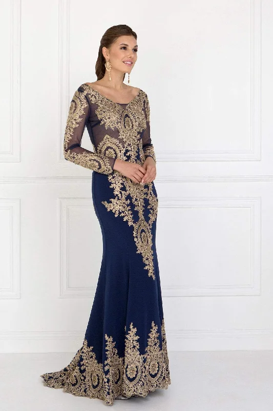 Price Drop Alert Elizabeth K - GL1597 Illusion Long Sleeve Gilded Lace Sheath Gown