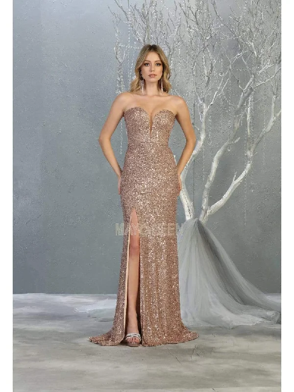 Fantastic Offers May Queen - MQ1747 Strappy Plunging Sweetheart Dress with Slit