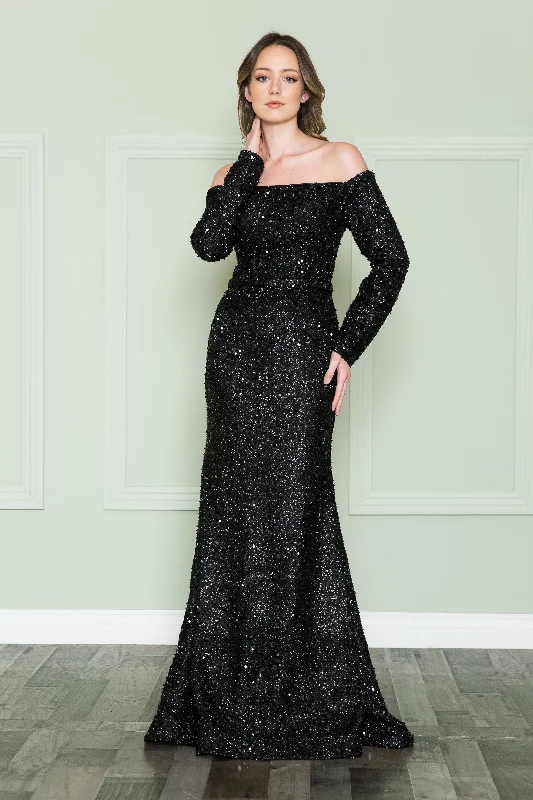 The Best Prices Long Off Shoulder Sequin Dress by Poly USA 8876