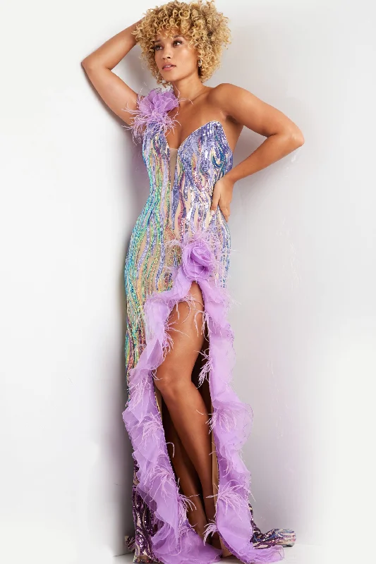 Last Chance Sequin Feather One Shoulder Slit Gown by Jovani 38678