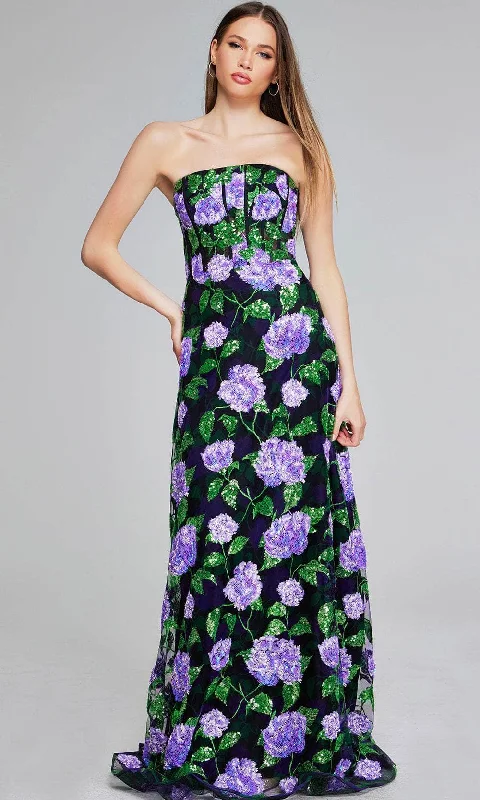 Year-End Sale Jovani 39116 - Floral Sequin Straight Across Evening Gown