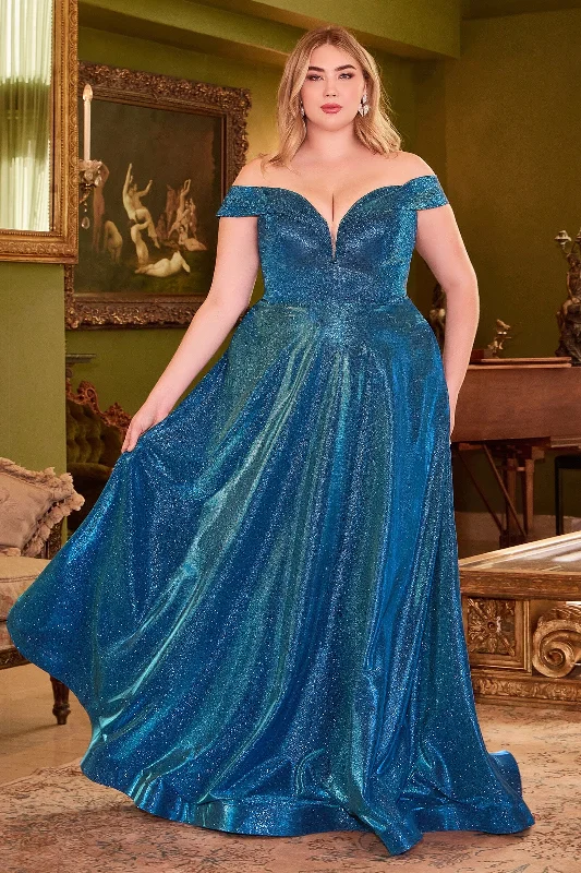 Price Rollback Plus Size Off Shoulder Metallic Gown by Cinderella Divine CD210C