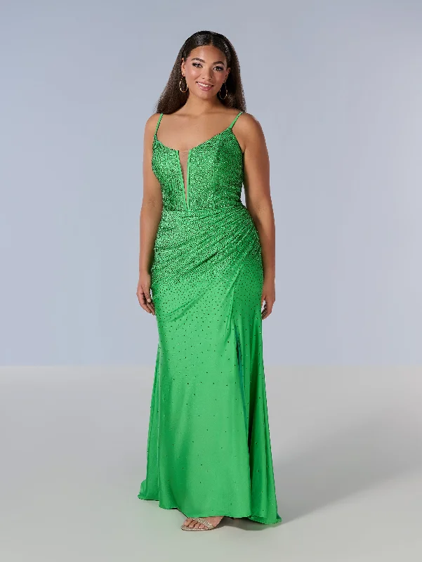Deal Mania Curvy Fitted V-Neck Slit Gown by Tiffany Designs 16194