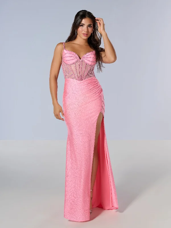 Final Markdown Beaded Sheer Corset Slit Gown by Tiffany Designs 16203