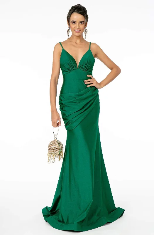 Deal Dash Elizabeth K - GL1815 Spaghetti Strap Draped Ornate Mermaid Dress