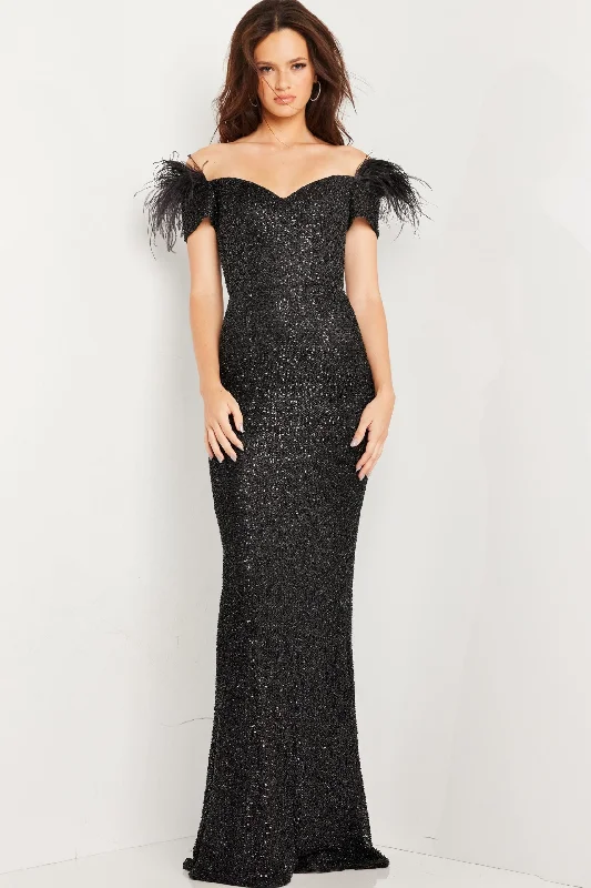 Deal Alert Sequin Feather Fitted Short Sleeve Gown by Jovani 37562