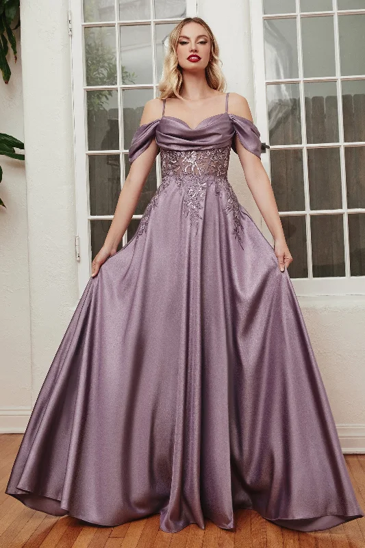 Exclusive Access Off Shoulder Satin A-line Slit Gown by Ladivine OC012