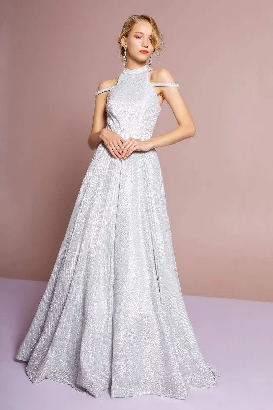 Overstock Elizabeth K - GL2664 Glitter Crepe High Neck A-line Dress