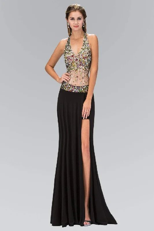 Daily Deals Elizabeth K - GL1070 Jeweled Halter Neck Jersey Trumpet Dress