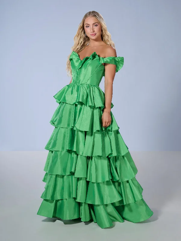 Blowout Sale Taffeta Off Shoulder Tiered Gown by Tiffany Designs 16175