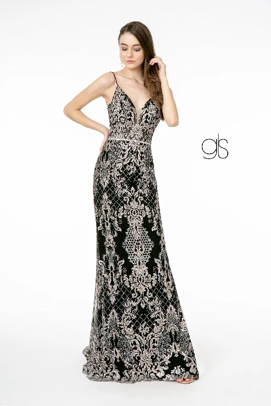 Limited Edition Glitter Embroidered Long Fitted V-Neck Dress by Elizabeth K GL2990