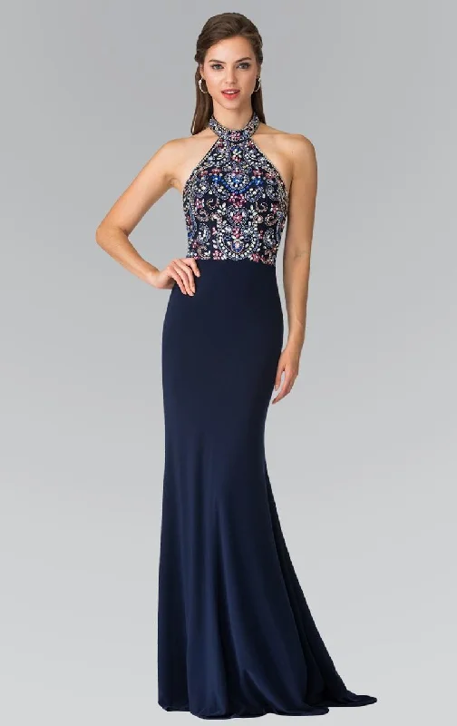 Members Only Elizabeth K - GL2279 Beaded Halter Neck Rome Jersey Sheath Dress