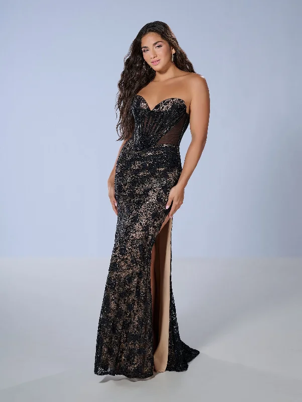 Blowout Deals Beaded Lace Strapless Slit Gown by Tiffany Designs 16236