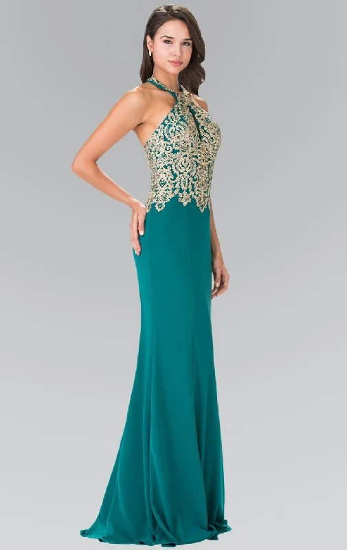 Price Slash Elizabeth K - GL2231 Embroidered Halter Jersey Trumpet Dress