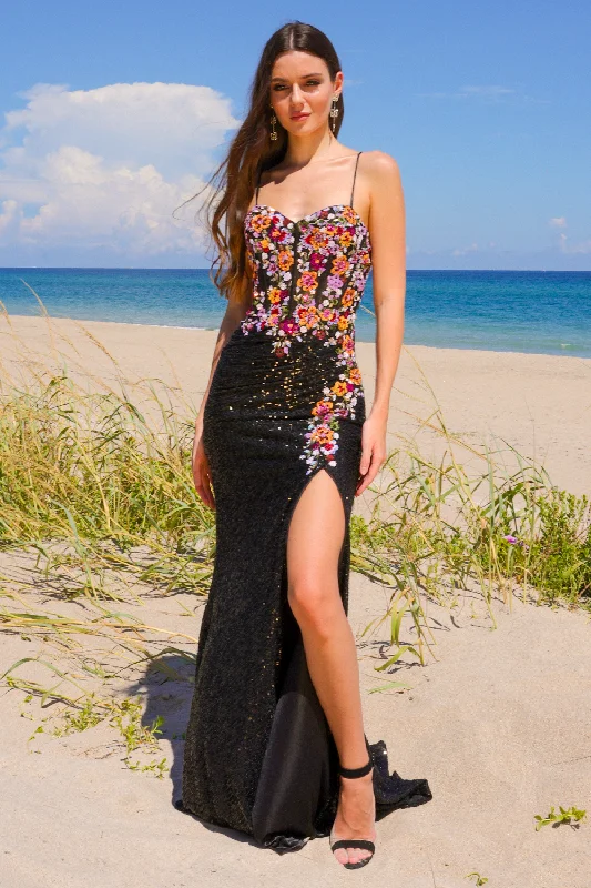 Special Discount Floral Embroidered Sequin Slit Gown by Amelia Couture 7061