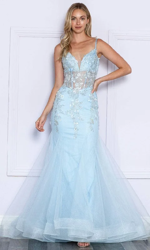 Big Savings Poly USA 9374 - Appliqued See-through Corset Prom Dress