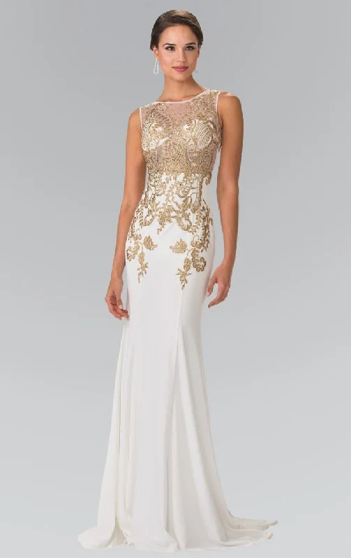 Extra Discounts Elizabeth K - GL2230 Embroidered Bateau Neck Jersey Trumpet Dress