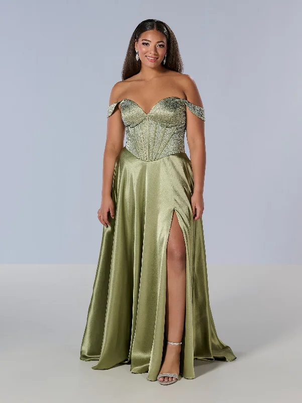 Closeout Sale Curvy Beaded Off Shoulder Gown by Tiffany Designs 16204