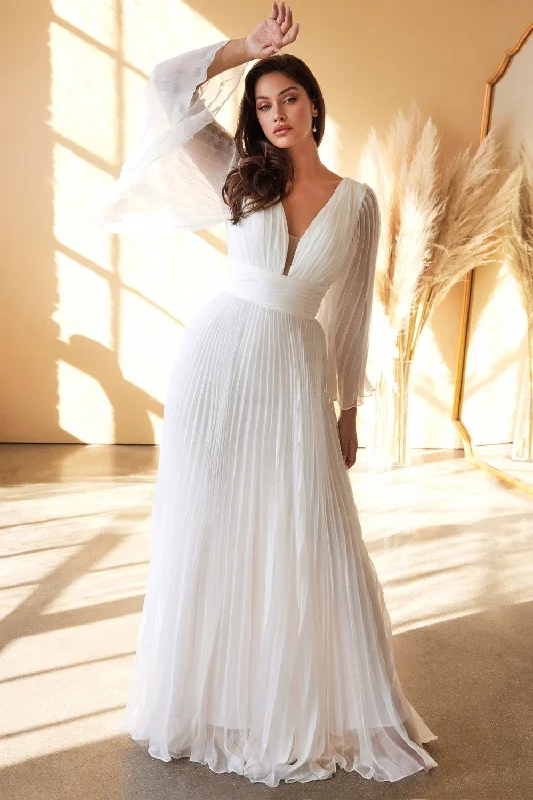 Online Only White Pleated Bell Sleeve Gown by Cinderella Divine CD242W