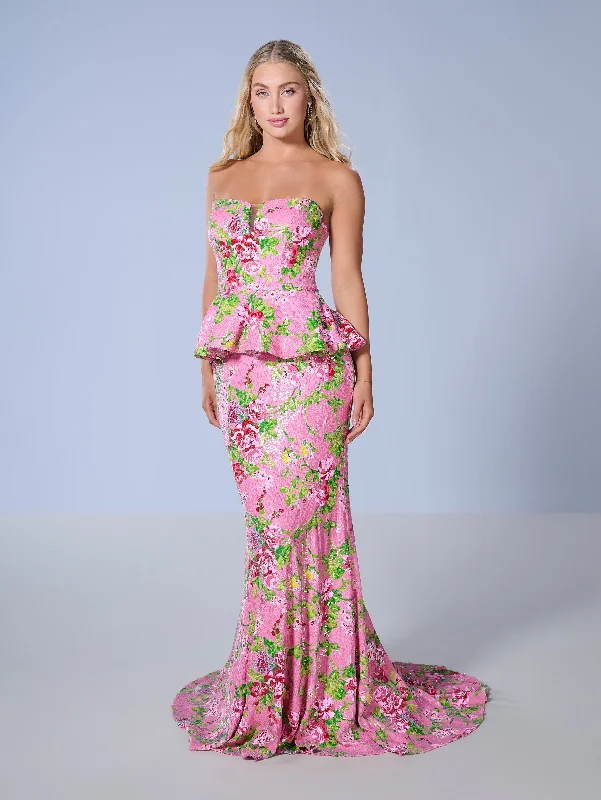 Flash Sale Floral Print 2-Piece Strapless Gown by Tiffany Designs 16140