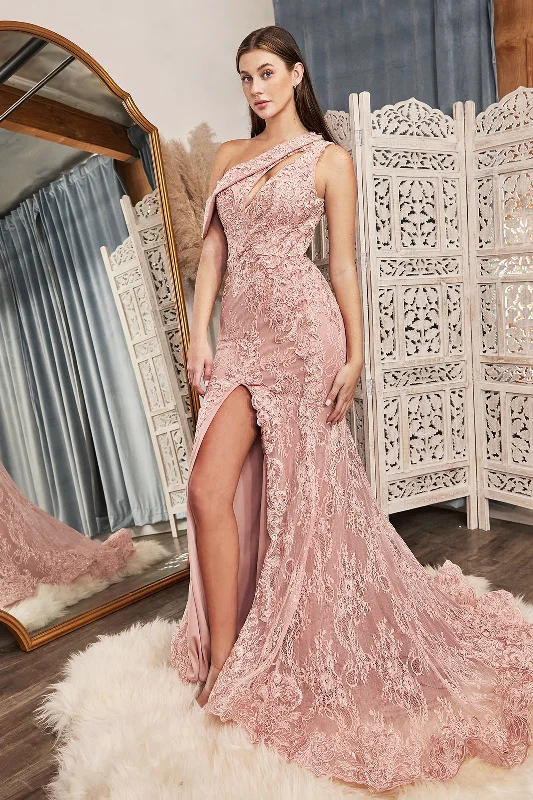 Closeout One Shoulder Lace Gown by Cinderella Divine CD973