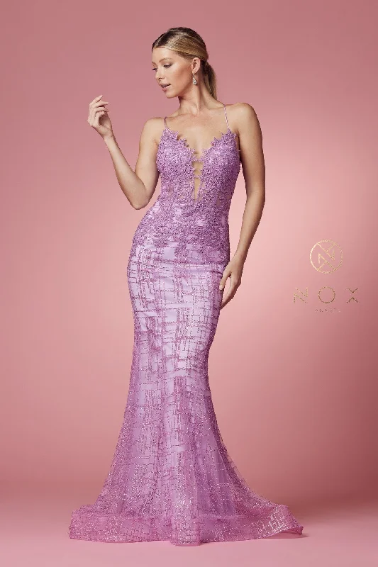 Deal Dash Glitter Print V-Neck Mermaid Dress by Nox Anabel R282-1