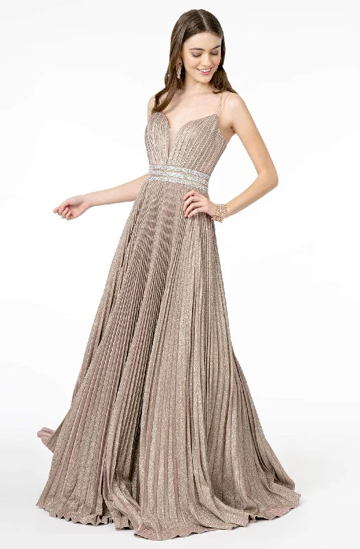 Final Clearance Elizabeth K - GL2905 Deep V Neck Pleated Metallic Glitter A-Line Gown