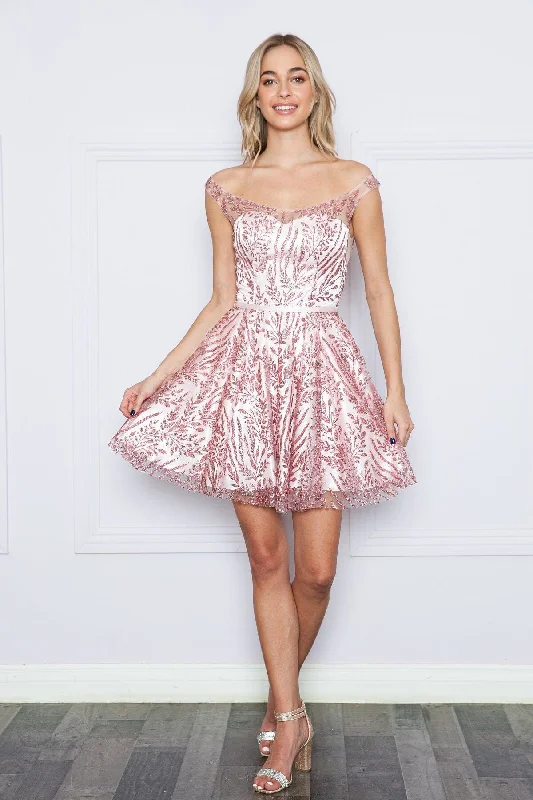 Seasonal Clearance Glitter Print Short Off Shoulder Dress by Poly USA 9204