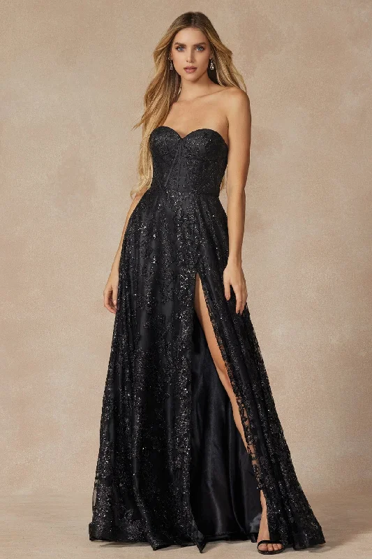 Bargain Bin Glitter Print Long Strapless Slit Dress by Juliet 2403