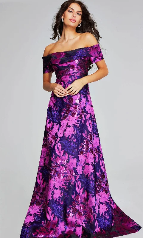 Price Slash Jovani 42506 - Floral Printed Off-Shoulder Prom Gown
