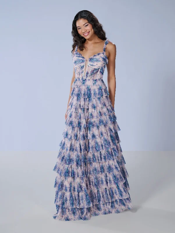 Instant Discount Floral Print Sleeveless Tiered Gown by Tiffany Designs 16160