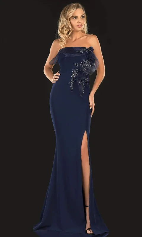 Shop and Save Terani Couture - 2021E2818 Strapless Ribbon Accent Slit Sheath Gown
