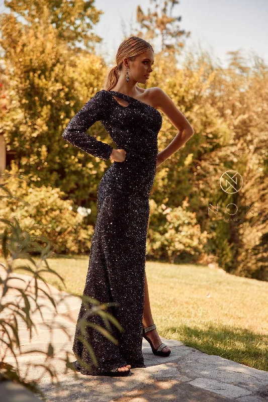 Seasonal Sale Fitted One Sleeve Sequin Gown by Nox Anabel S1013