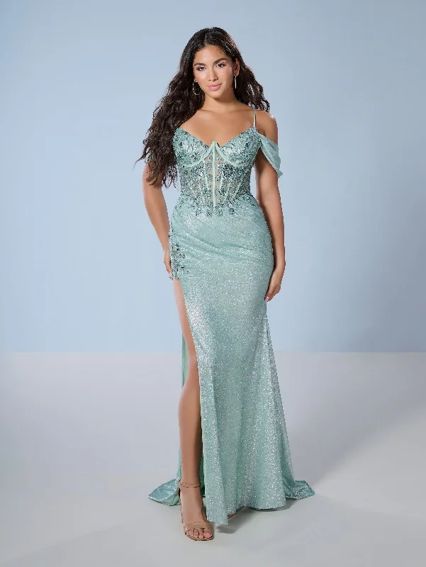 Limited Availability Fitted Cold Shoulder Slit Gown by Tiffany Designs 16250