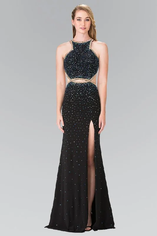 Closeout Sale Elizabeth K - GL2265 Sequined Halter Long Dress with Slit