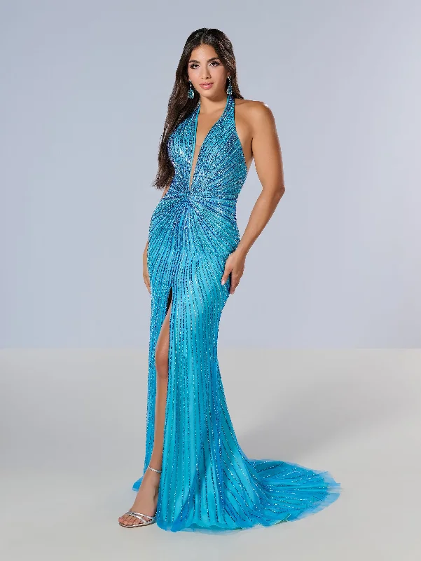 Crazy Deals Beaded Fitted Halter Slit Gown by Tiffany Designs 16205