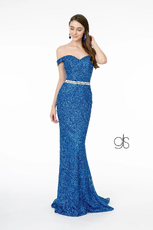 Can't Miss Off Shoulder Long Metallic Floral Lace Dress by Elizabeth K GL1829