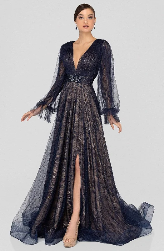 Weekend Deal Terani Couture - 1913M9414 Lace Plunging V-neck A-line Dress