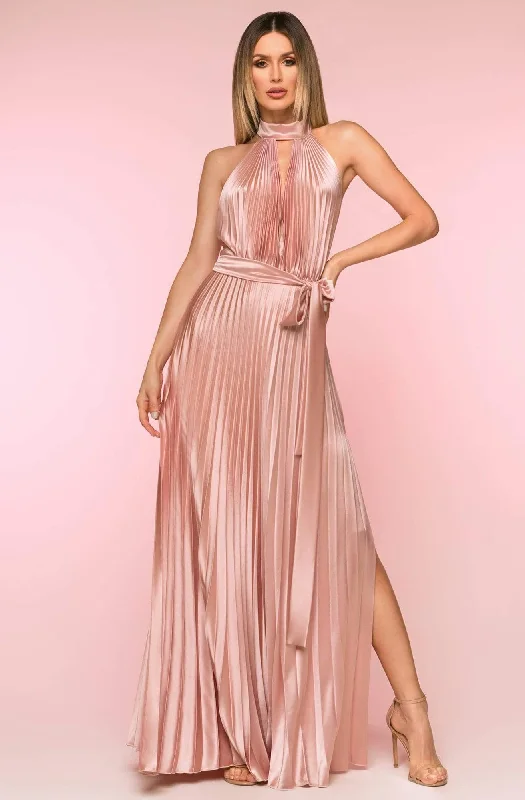 Act Now Nicole Bakti - 6833 Plunged Neck Long Pleated Choker Dress