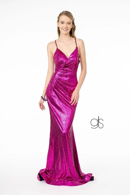 Value Deals V-Neck Metallic Mermaid Gown with Corset Back by Elizabeth K GL2943
