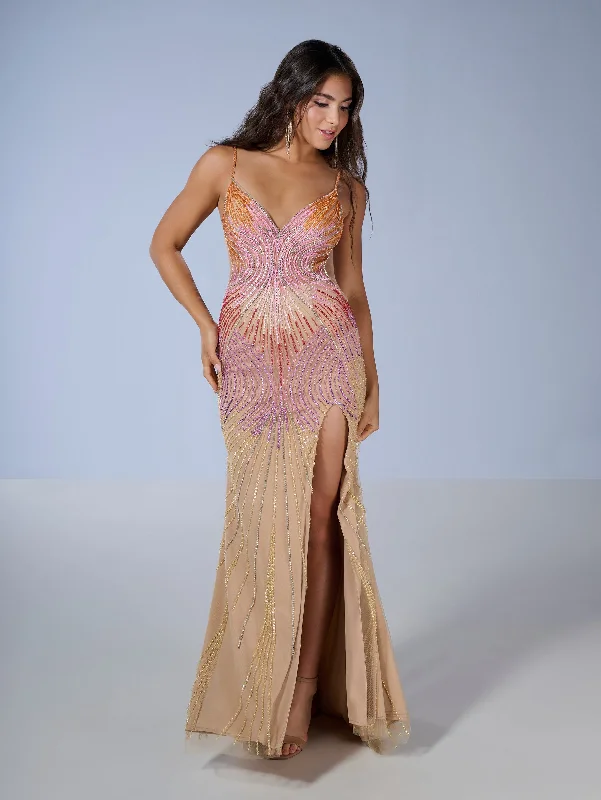 Stock Clearance Multicolor Beaded Fitted V-Neck Gown by Tiffany Designs 16225