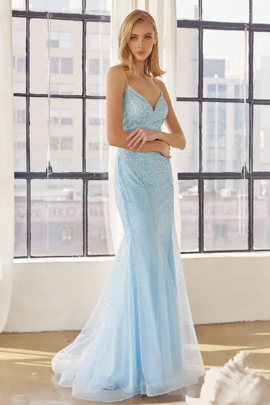 Act Fast Fitted Glitter Mesh V-Neck Gown by Juliet 271