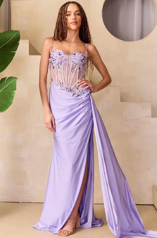 Today's Special Beaded Sheer Corset Slit Gown by Amelia Couture 2050