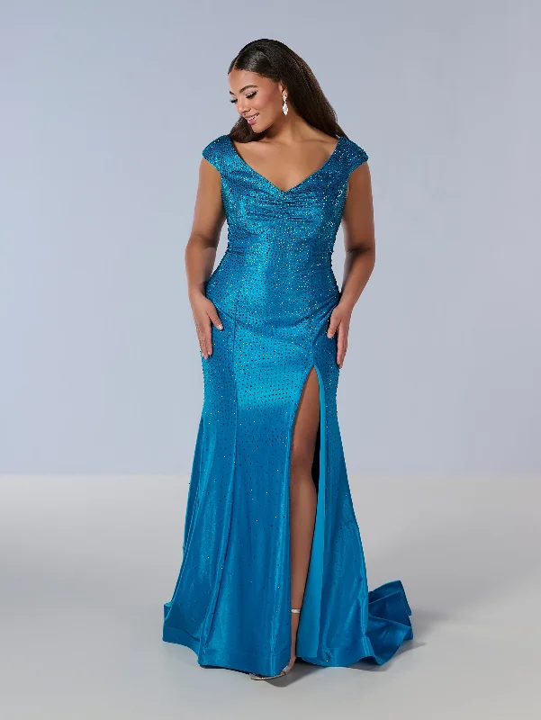 Savings Bonanza Curvy Fitted Cap Sleeve Gown by Tiffany Designs 16198